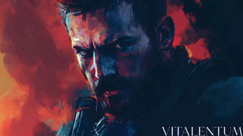 Brooding warrior ignites against blazing shadowed twilight.