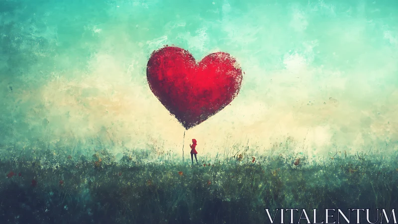 Figure holding giant red heart balloon above verdant field