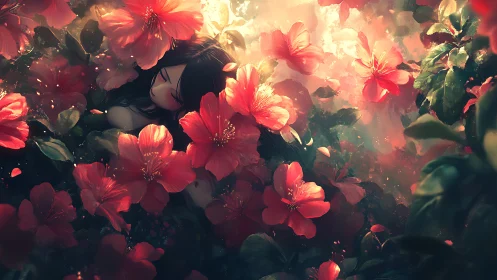 Woman Enclosed by Flowering Botanical Forms.