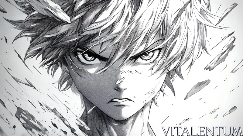 Monochrome anime portrait of determined young male fighter.