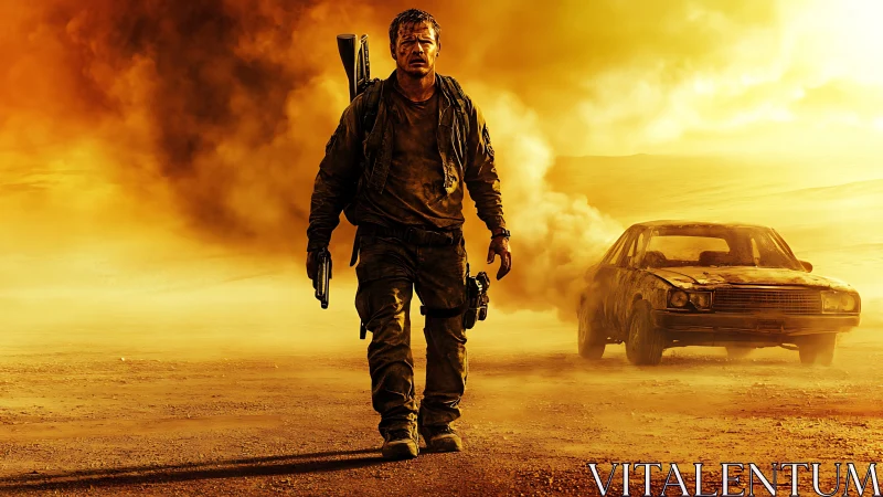 Dust-coated lone survivor strides from rusted sedan through storm