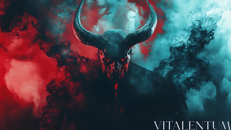 Horned shadow figure in red and cyan split smoke field.