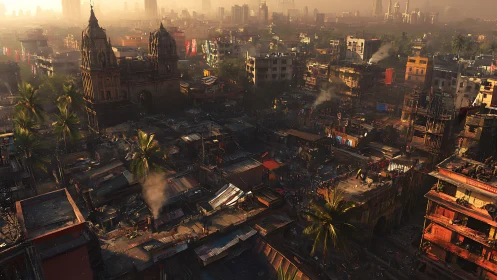 Dense urban district at sunset with crowded low-rise housing.