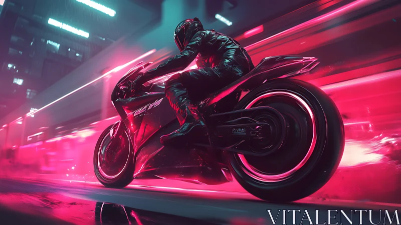 Cyberpunk rider speeds through neon city nightscape.