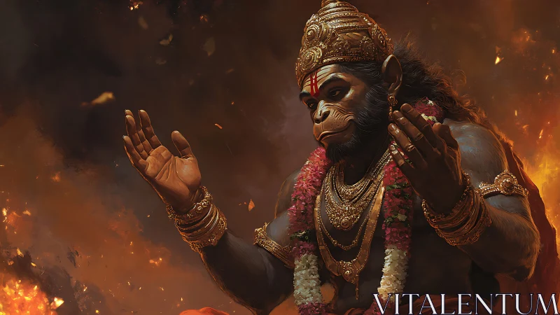 Divine simian deity rendered in dramatic fiery digital chiaroscuro