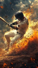 Baseball player swings bat amid explosive fiery dust storm.