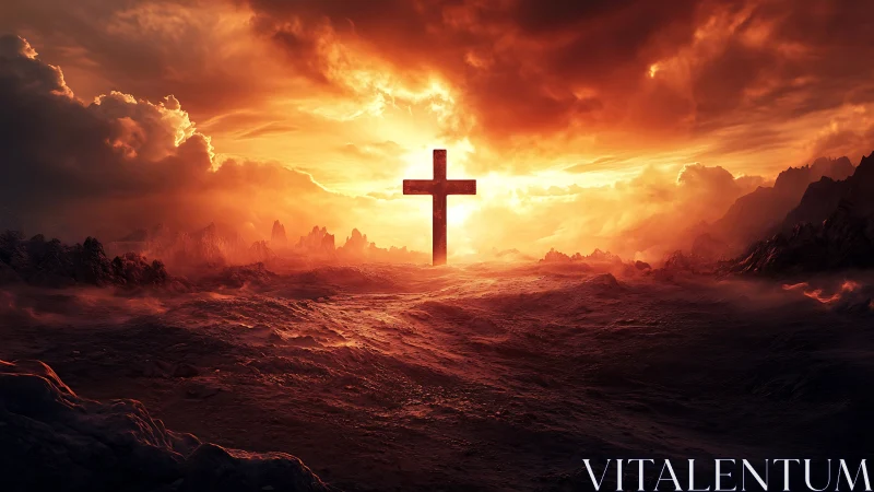 Radiant cross at sunset over a glowing rocky horizon.