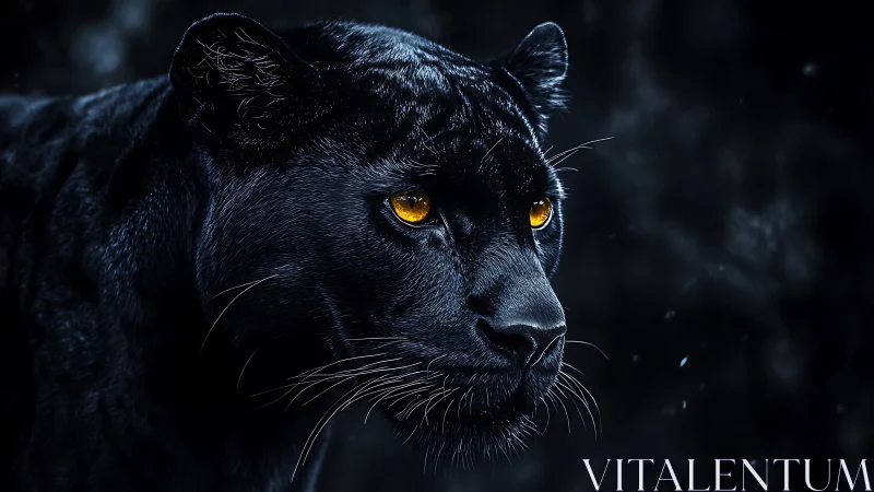 Black Panther with Glowing Amber Eyes Emerges from Darkness.