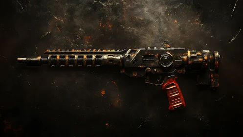 Rust-corroded sci-fi rifle with red tactical grip profile.
