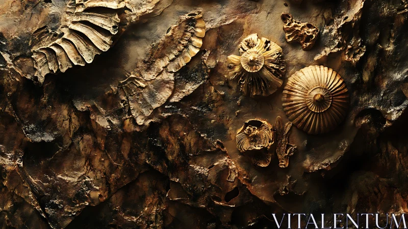 Sedimentary rock wall with radial marine fossil impressions