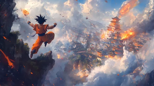 Dynamic anime battle vista with explosive aerial perspective.