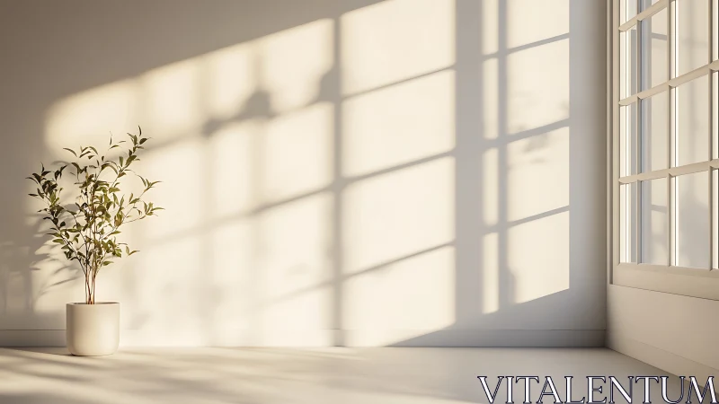 Sunlit potted tree quietly conducts a minimalist shadow symphony