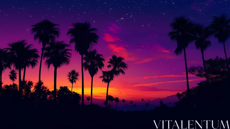 Neon twilight palms under starry gradient sunset sky.