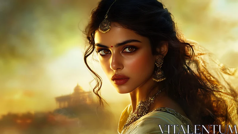 Cinematic portrait of jeweled woman in atmospheric dusk haze.