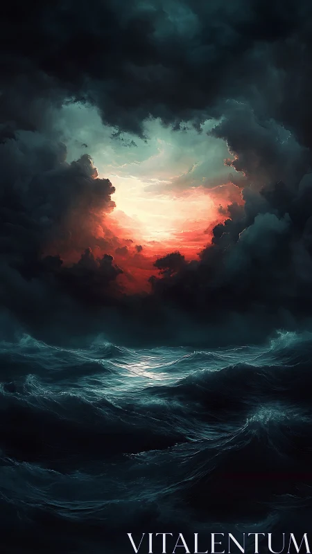 Storm-tossed ocean beneath a burning rift of light in clouds.