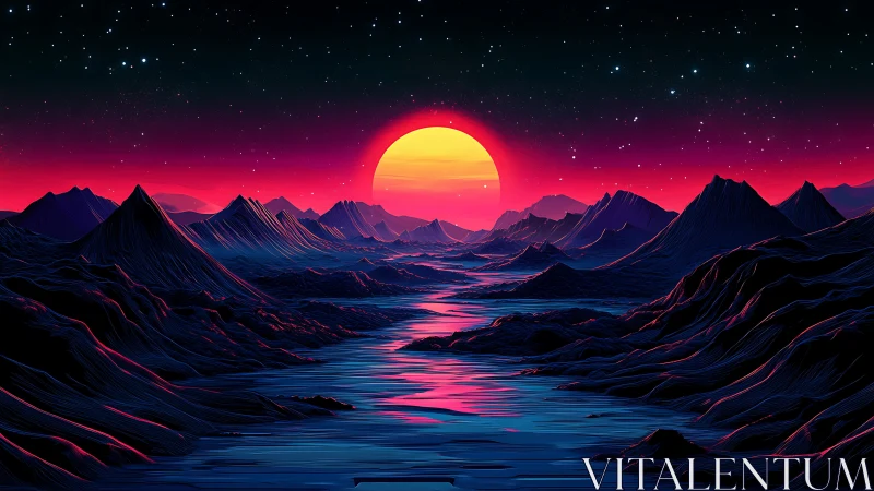 Neon sun descends over a surreal alien river valley