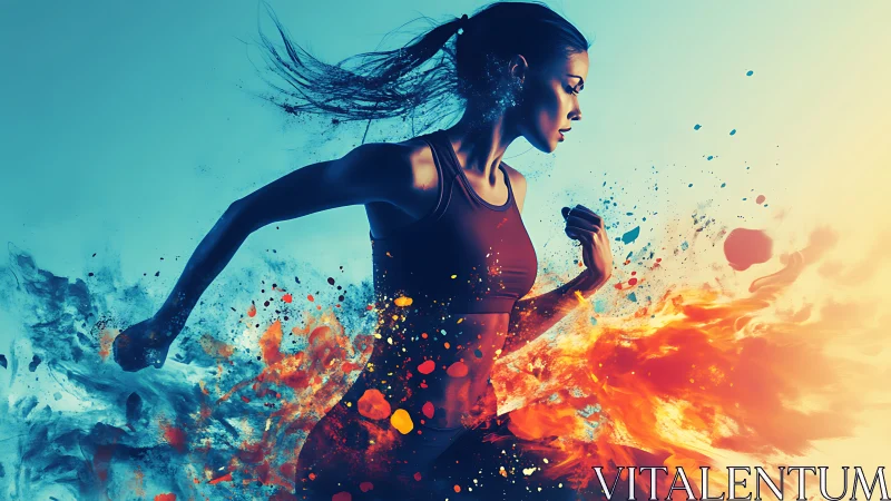 Dynamic female runner explodes through abstract fire and ice