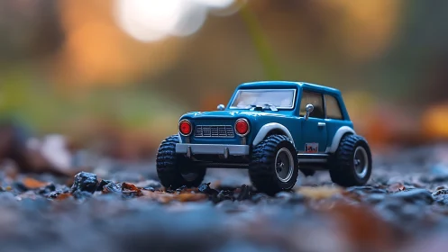 Macro close-up of teal toy off-road car on gravel path
