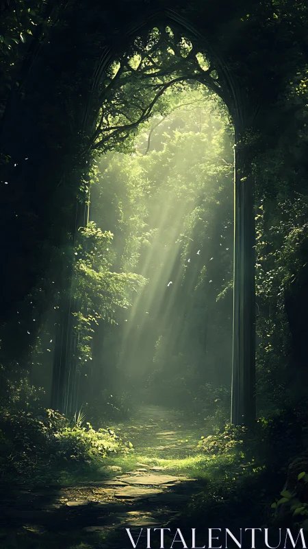 Ethereal Archway: Luminescent Forest Passage Through Stone Gateway.