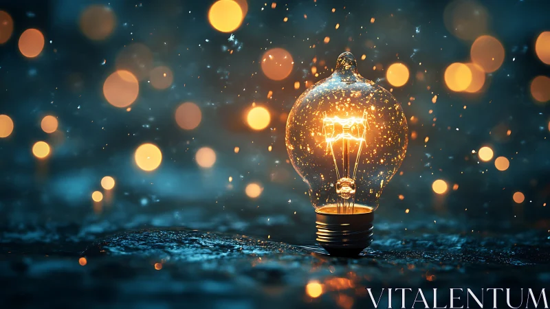 Glowing lightbulb sparkles through gentle evening rain.