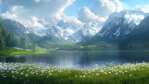 Snow-covered mountain range surrounds reflective alpine lake