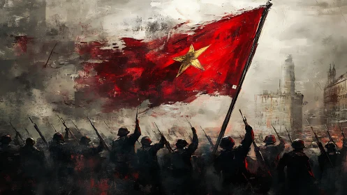 Soldiers march under tattered red war flag in ruined city