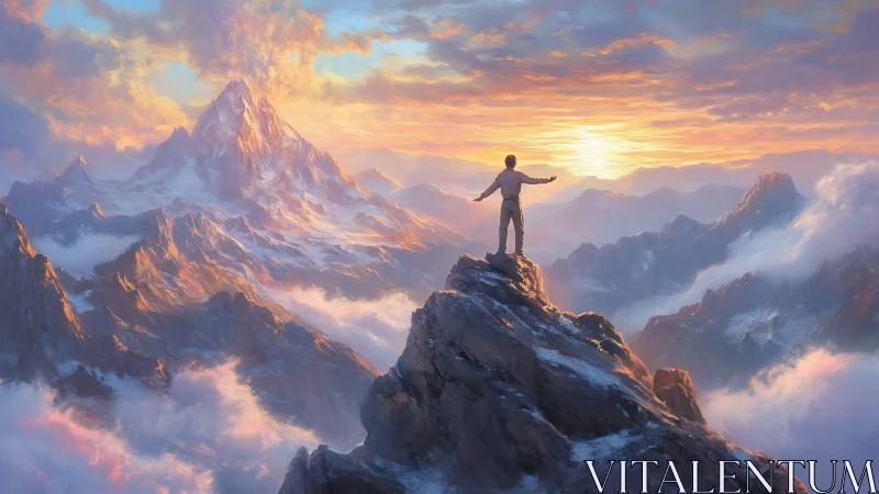 Solitary figure on mountain peak at sunrise over clouded range.