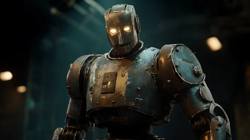 Rustic armored robot with glowing eyes in dim workshop.