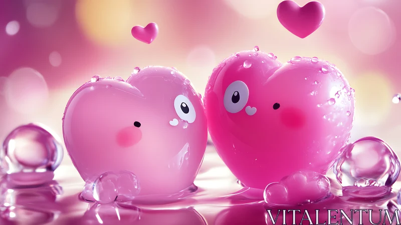 Anthropomorphic Gelatinous Heart-Shaped Characters in Chromatic Pink Liquid Environment.