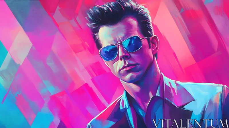 Cool man in sunglasses in neon cyberpunk portrait art.