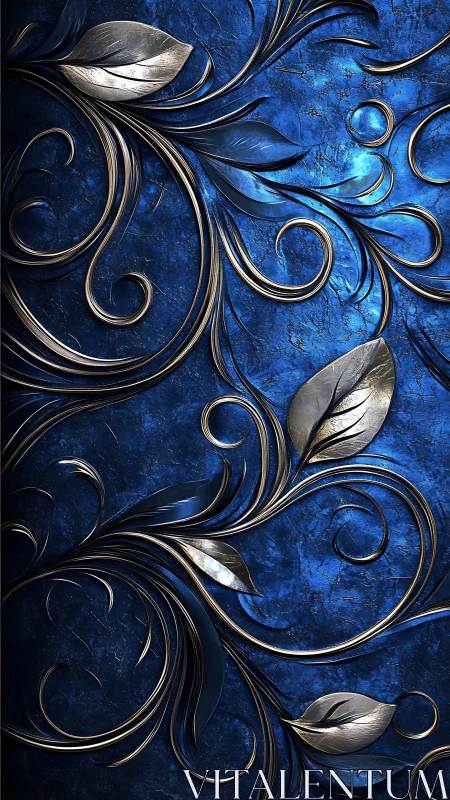 Metallic botanical relief on distressed sapphire ground.