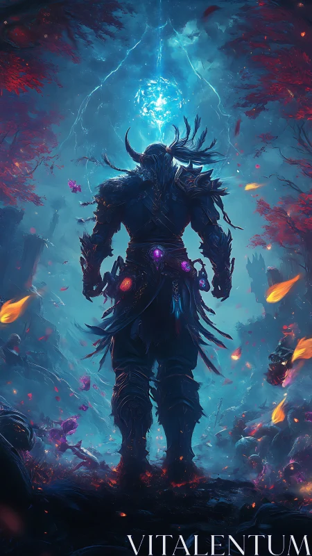 Arcane warrior confronts a stormlit magical vortex alone.