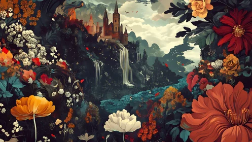 Enchanted river valley crowned by distant castle citadel.