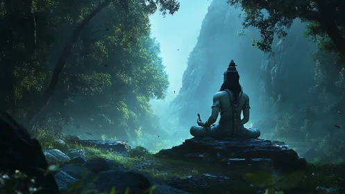 Meditating ascetic statue anchors misty forest gorge composition