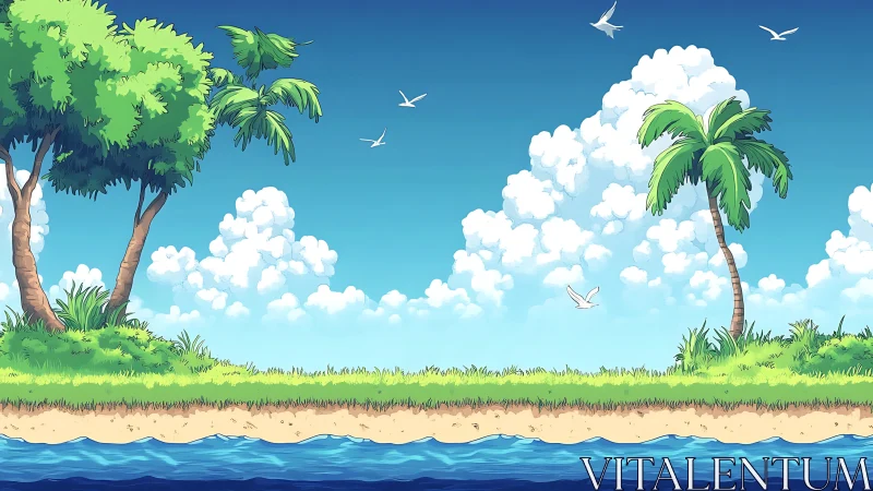 Tropical Paradise Scene With Palm Trees.