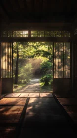 Sunlit garden quietly steps through the open shoji door