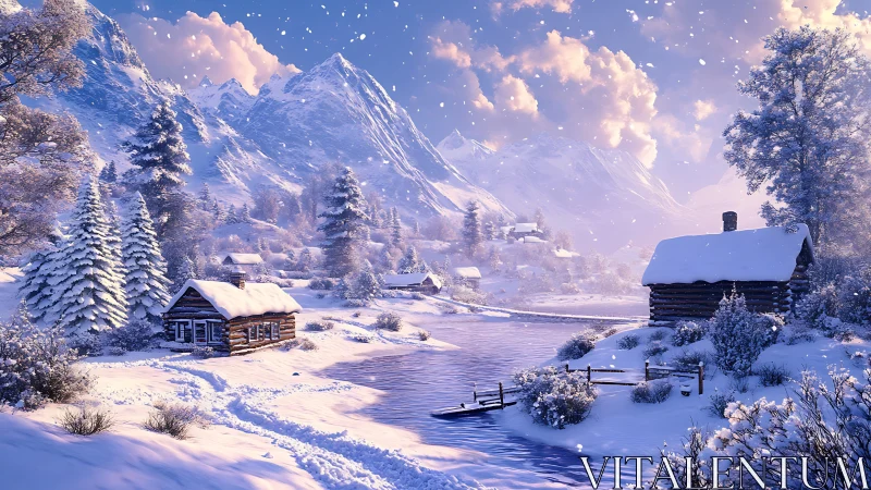 Snowy mountain village cabins line a frozen reflective river