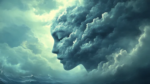 Serene female profile emerges softly from stormy clouds