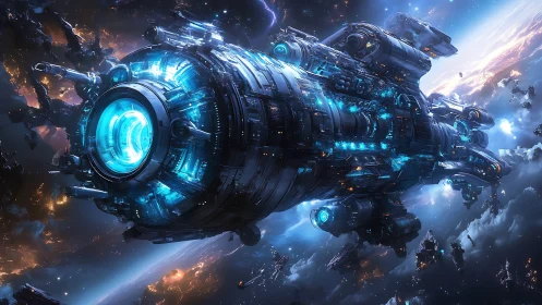 Colossal starship with glowing blue core in deep space.