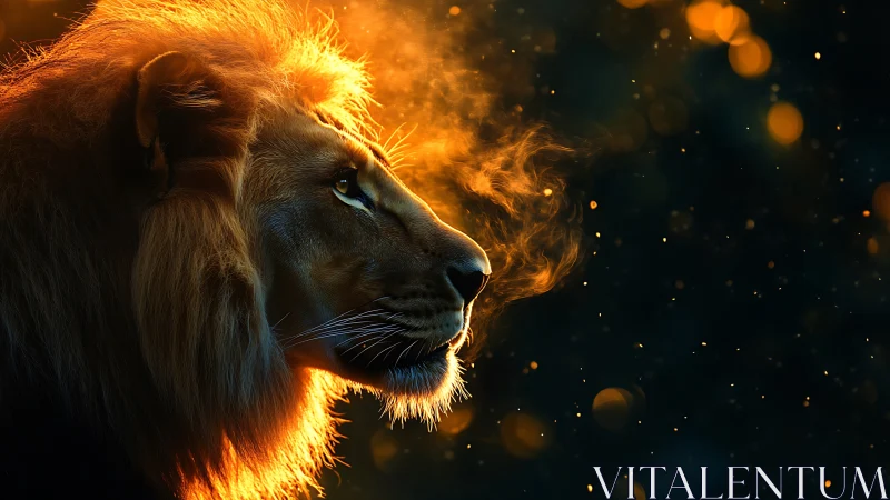 Majestic lion portrait glows against embers in the dark night