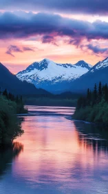 Snowy mountain range reflects in calm pink sunset river