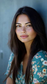 Soft-lit portrait of brunette woman in teal floral blouse.