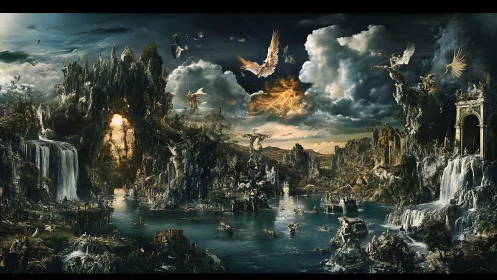 Mythic valley with waterfalls, ruins and winged beings.