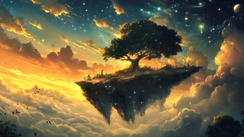 Floating island carries lone tree above clouds at twilight