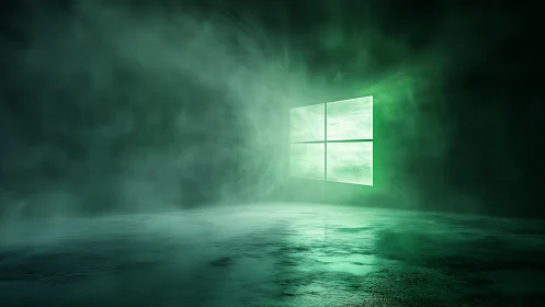 Luminous window icon glows in green fog over reflective floor