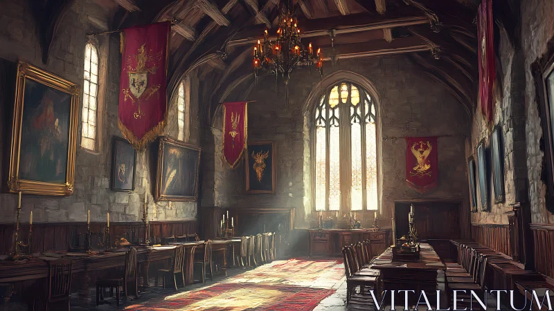 Gothic great hall interior with heraldic banners and candelabras.
