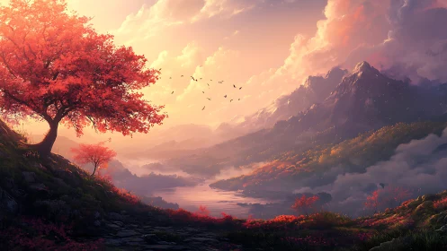 Vibrant red tree overlooking misty valley and mountains
