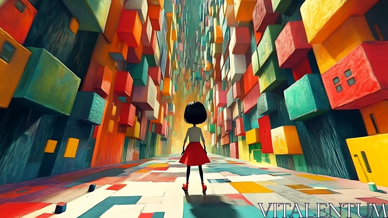 Girl in red skirt within towering cubist color canyon.
