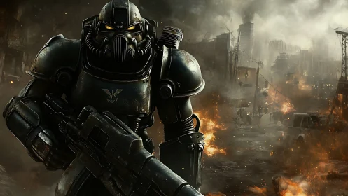 Armored sci fi soldier advancing through burning warzone.