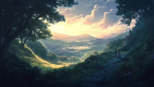 Mountain Valley Landscape with Forest Canopy and Distant Peaks